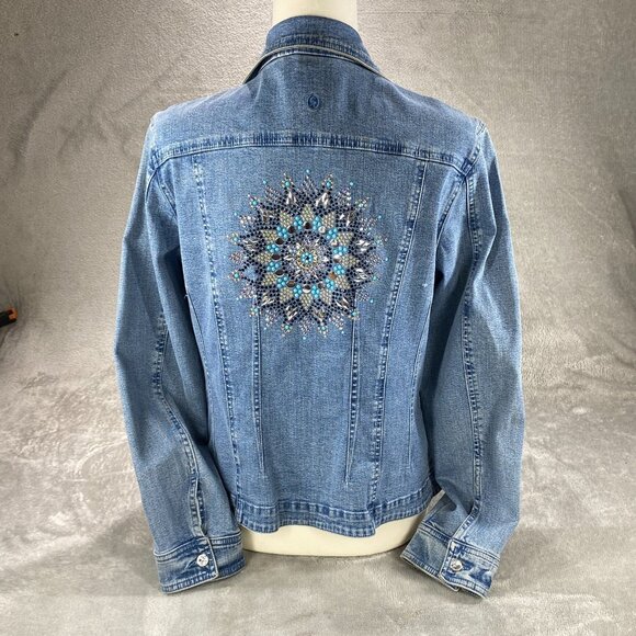 Christine Alexander Trucker Jacket Women L Blue Denim Rhinestone Mandala Crystal - Picture 2 of 16